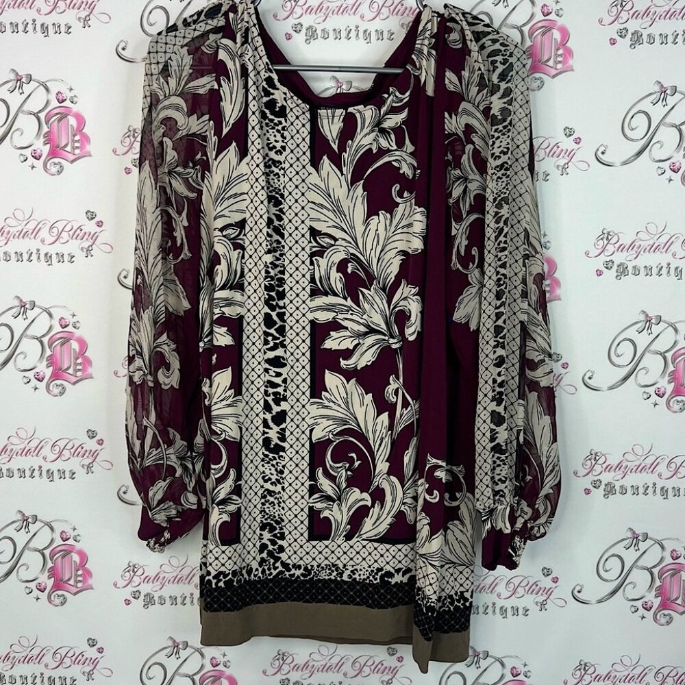 Alfani top long sleeves long style top shirt Burgundy and Cream Floral Blouse